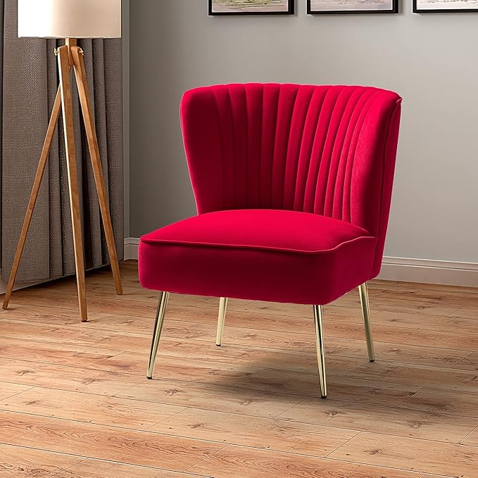 Tina's Home Velvet Armless Accent Chair Upholstered Modern Small Side Chair with Golden Legs Comfy Cute Wingback Slipper Chair for Living Room Study Beauty Room Thickly Padded(RED)