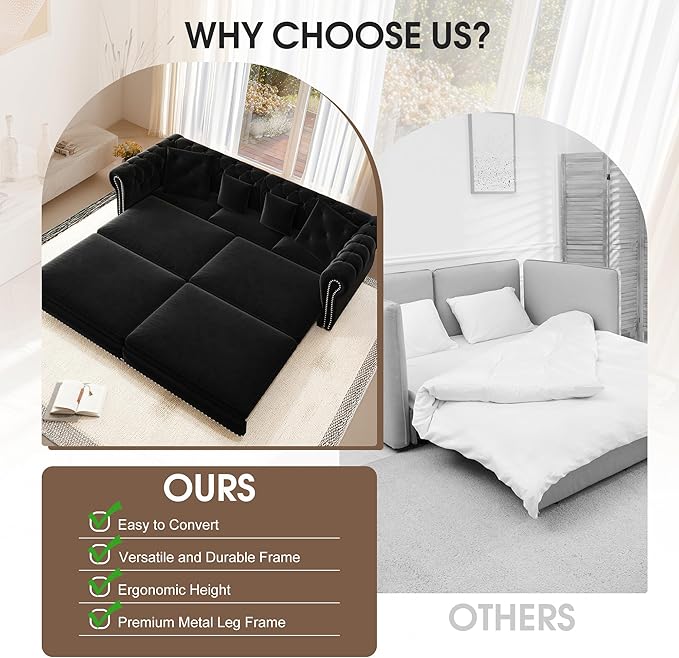 Oversized Sleeper Sofa Couch 89 Convertible Sleeper Sofa Bed for Living Room Bedroom Classic 3-in-1 Pullout Couch Bed with Movable Ottoman (Black with Ottoman)