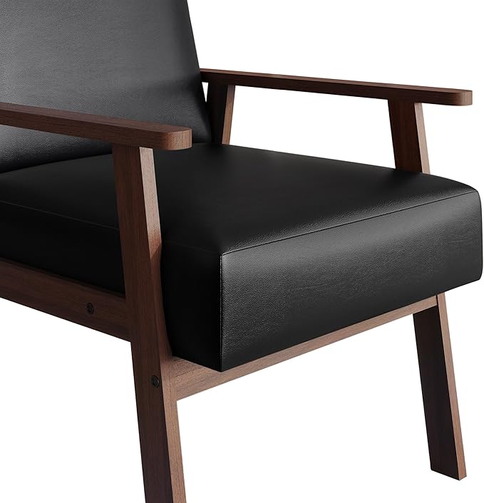 Mid-Century Modern Accent Chair Polyurethane Upholstery Wooden Armrests Cushioned Seat Easy Assembly Black