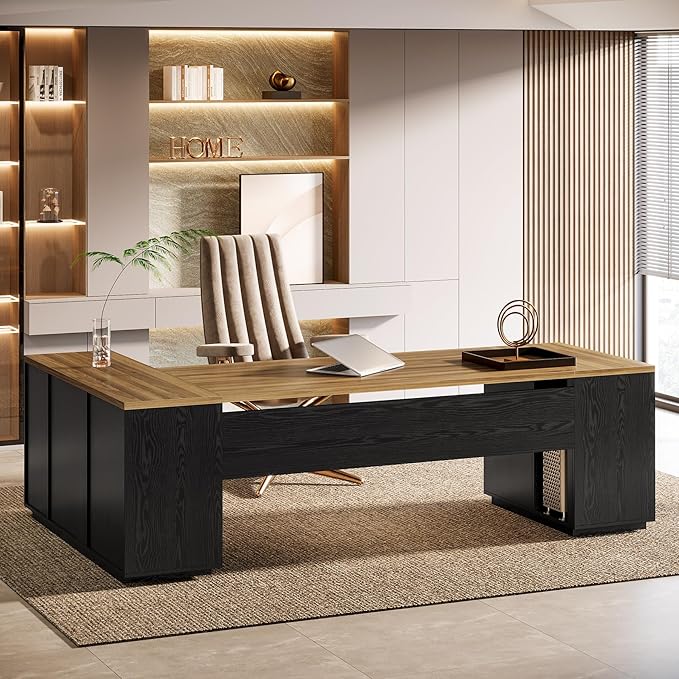 Tribesigns 85.8-Inch L-Shaped Executive Office Desk with File Drawers &amp Storage Cabinet Professional Corner Computer Desk Extra Large Business Workstation with Adjustable Shelves (Brown&ampBlack