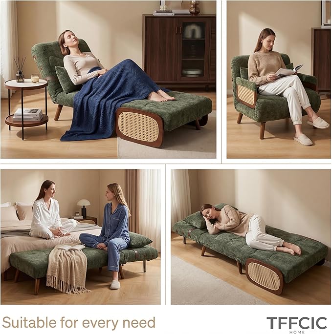 Green Chair Bed Sleeper for Adults Foldable Large Single Sofa Bed 400g Chenille Velvet Fabric Suitable for Living Rooms Bedrooms Study Rooms and Balcony Compact Spaces (Width 43 inches) | Extend