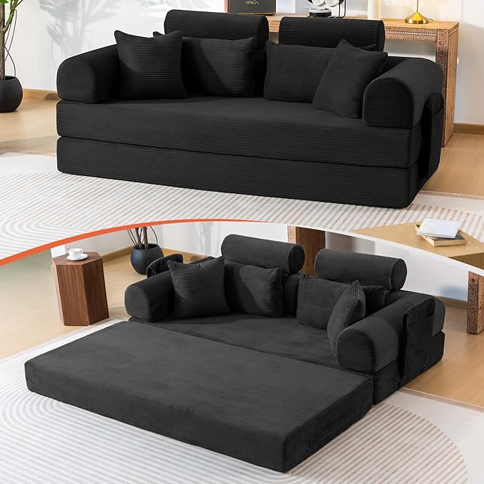 79 Corduroy Sofa Bed Sleeper Couch 6-in-1 Convertible Boneless Floor Futon Loveseat High-Density Foam Couch in a Box with 2 Headrest Pillows No Assembly Black
