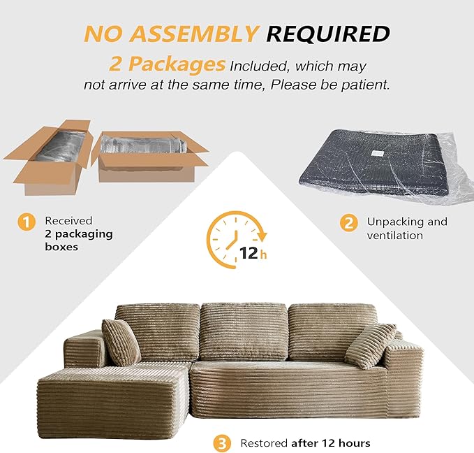 104 L-Shaped Cloud Sectional Sofa with Oversized Chaise Modular 3-Seater Corduroy Couch for Living Room &amp Bedroom Deep Seat No Assembly Required (Camel L Shape with Left FacingChaise)