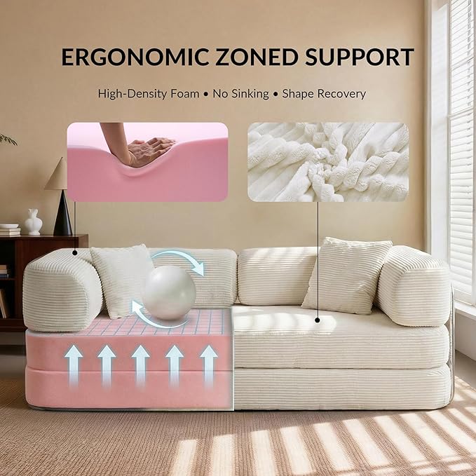 5-in-1 Convertible Sofa Bed Boneless Floor Couch Queen Size with Magic Pillow Blankets Zero-Assembly Sleeper Futon for Apartments Renters &amp Micro-Living Spaces Cream
