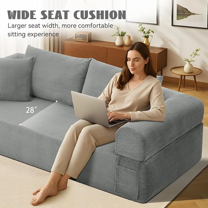 83 Sofa in a Box 3 Seater Couch No Assembly Boneless Sofa Bed with Cushion Back 2 Pillows Deep Seat Corduroy Fabric Side Storage Pockets for Living Room Bedroom Apartment Office Light Grey