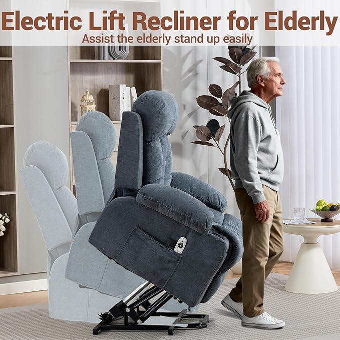 Power Lift Recliner Chair for Elderly People w/Vibration Massage and Lumbar Heat Lift Chair for Adult w/Cup Holder USB Charge Port for Living Room Bedroom Blue
