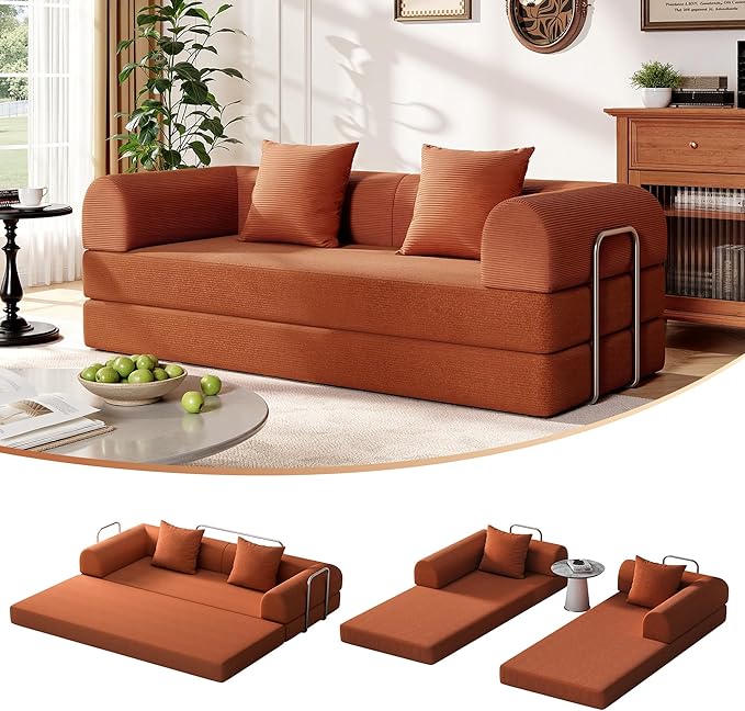 79 Folding Convertible Sofa Bed Boneless Couch for Living Room with Pull Out Bed ‌Convertible Sleeper Sofa Bed with Pillows - Corduroy Upholstered Modular Futon Couch for Bedroom Lounge (Orange)