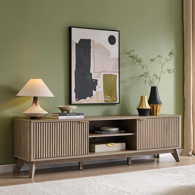 OKD 70 Mid Century Modern Fluted TV Stand Entertainment Center Sideboard Media Console for Living Room with 2 Soft Close Door/Adjustable Shelves (Alder Grey)