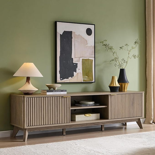 OKD 70 Mid Century Modern Fluted TV Stand Entertainment Center Sideboard Media Console for Living Room with 2 Soft Close Door/Adjustable Shelves (Alder Grey)