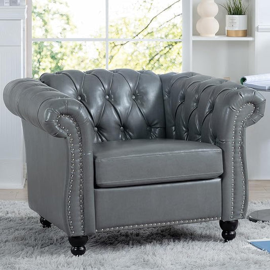 Leather Chair Living Room Single Sofa Medieval Retro Tufted Cushion Accent Sofa Chair with Rolled Arms and Nailhead Cigar Chair for Bedroom Office Apartment Club Chairs (Grey)