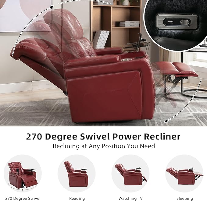 270 Degree Swivel PU Leather Power Recliner Individual Seat Home Theater Recliner with Comforable Backrest Tray Table Phone Holder Cup Holder USB Port Hidden Arm Storage for Living Room Red