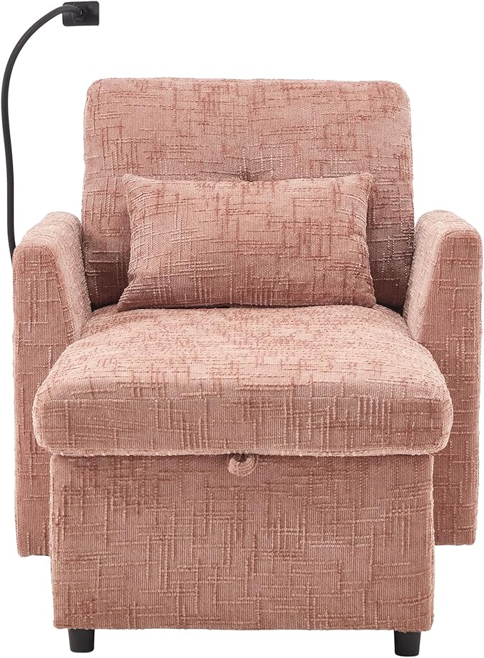 32 Comfy Chaise Lounge Sofa Bed Chair with Storage Side Pockets Phone Holder &amp 2 Pillows Modern Chenille Upholstered Sleeper Sofa Leisure Chair for Living Room Bedroom Small Spaces (Pink)