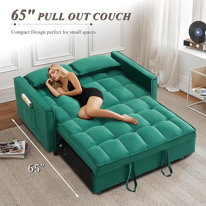 3 in 1 Convertible Sleeper Sofa Bed Futon Couches for Living Room with Side Pocket/Adjustable Backrest Velvet Upholstered Pull Out Couch Small Loveseat Sofa Bed for Bedroom Office Small Spaces