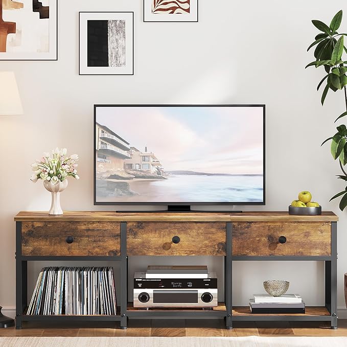 TV Stand with 3 Fabric Drawers for up to 50 Inch TV 47.2 Industrial Media Console Entertainment Center with Shelves for Living Room Bedroom Home Office Rustic Brown and Black DS12BR