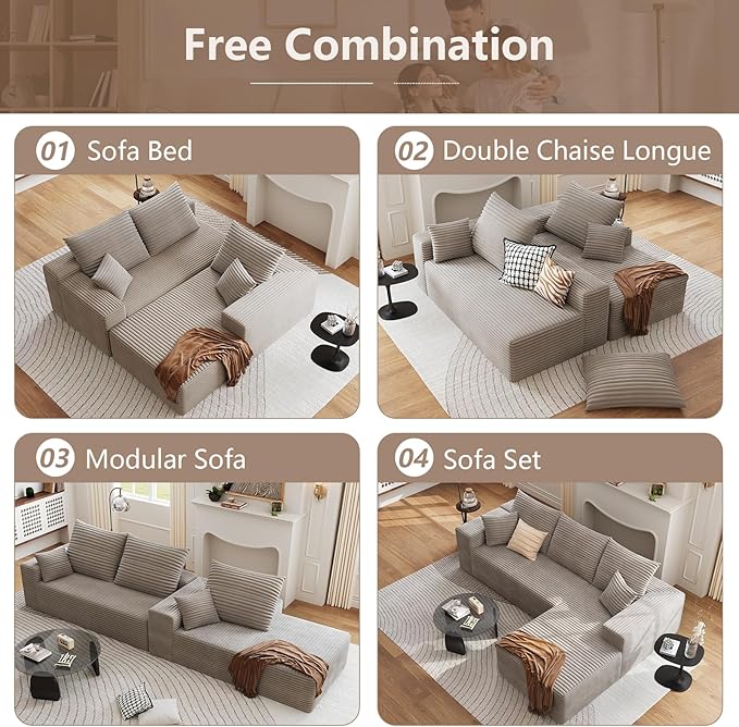 95 Cloud Sectional Couch with L-Shape Chaise Modern Corduroy Boneless Deep Seat Sofa 3-Seater Modular Sleeper Couch for Living Room Bedroom Apartment No Assembly (Camel Right-Facing Chaise)