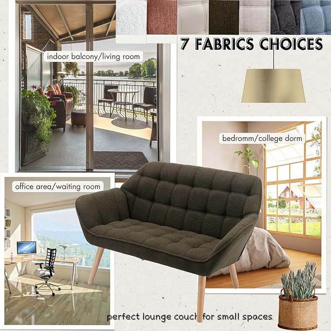 Small Loveseat Sofa 48 inch Sherpa Love Seat for Living Room Comfy Mini Couch with Wood Legs for Small Spaces Bedroom Apartment Office Dark Green
