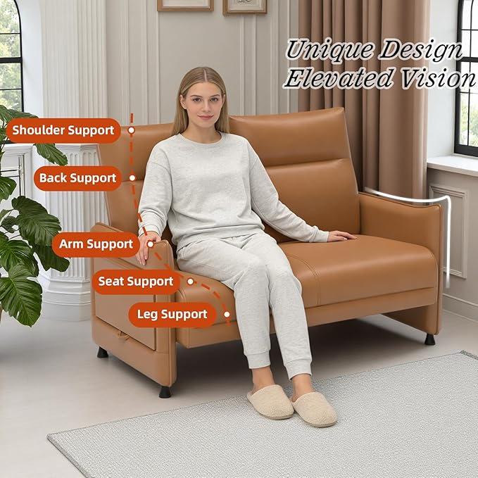 Faux Leather Small Loveseat Sofa Small Sofa 2 Seater Couch with Flip Up Tray Table Side Pockets Elastic Cushion Perfect Loveseat Couch for Bedroom Living Room or Office Brown