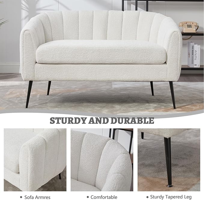 59 Small Loveseat Sofa 2-Seater Modern Chenille Couch with Gold Metal Legs &amp Floral Backrest Compact Apartment Sofa for Living Room Bedroom Office Dorm (Chenille Ivory(50.2''))