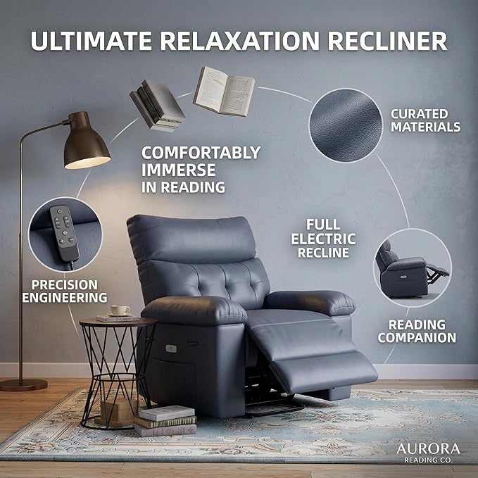 IDEALHOUSE Recliner Chair 22 Wide Seat Recliner Oversized PU Leather Living Room Chairs Wipe Clean Manual Push-Back Reading Chair with Side Pocket Grey