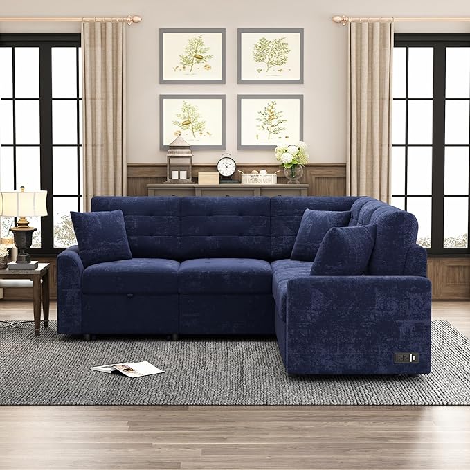Velvet Fabric L-Shape Reversible Sleeper Sectional Sofa Couch 2 in 1 Pull Out Convertible Sofa Bed with Wheels and USB Ports for Living Room Apartment Office (Navy Blue-SFB)