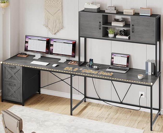 SEDETA L Shaped Gaming Desk Reversible Computer Desk with Fabric Drawers and Power Outlet Gaming Desk with Led Lights Hutch and Storage Shelf for Home Office Grey