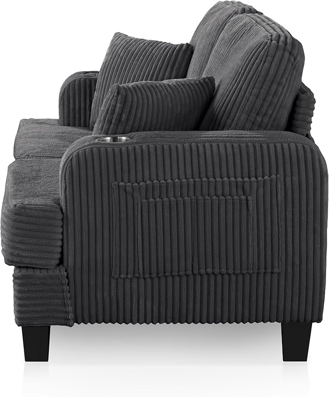 Homes: Inside + Out Reese Modern Plush Chenille Comfortable Loveseat with Side Pockets Cup Holders and Pillows Wooden Soft Couch for Living Room Bedroom and Office Dark Grey