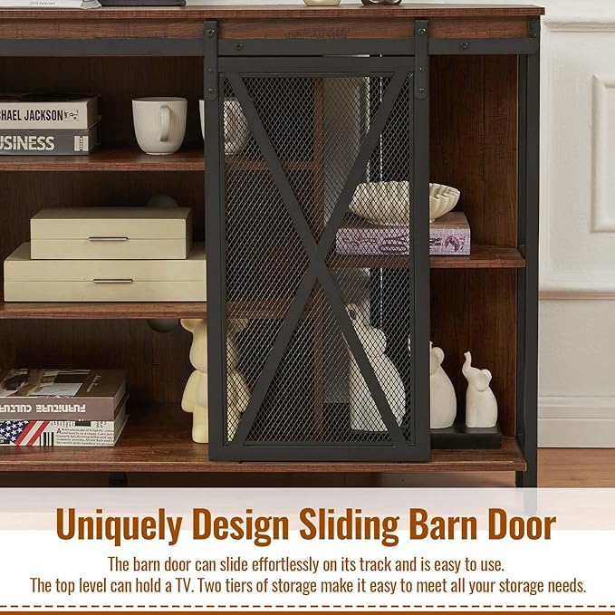 HOMISSUE Corner TV Stand for 55 Inch TV Rustic Corner Entertainment Center with Storage Industrial Media Console Table with Sliding Barn Door Tall TV Cabinets Center for Living Room Brown