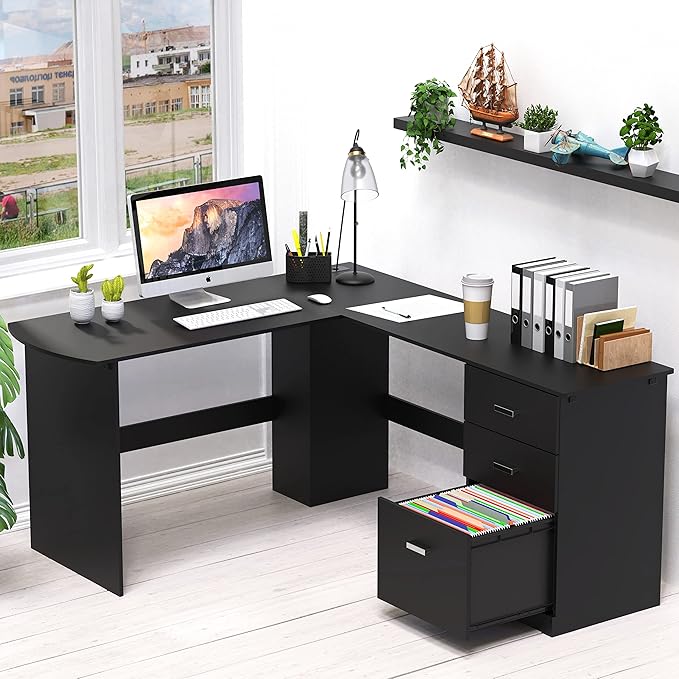 SHW 51 x 59 Inches L-Shaped Home Office Wood Corner Desk with Box Box File Drawers Black