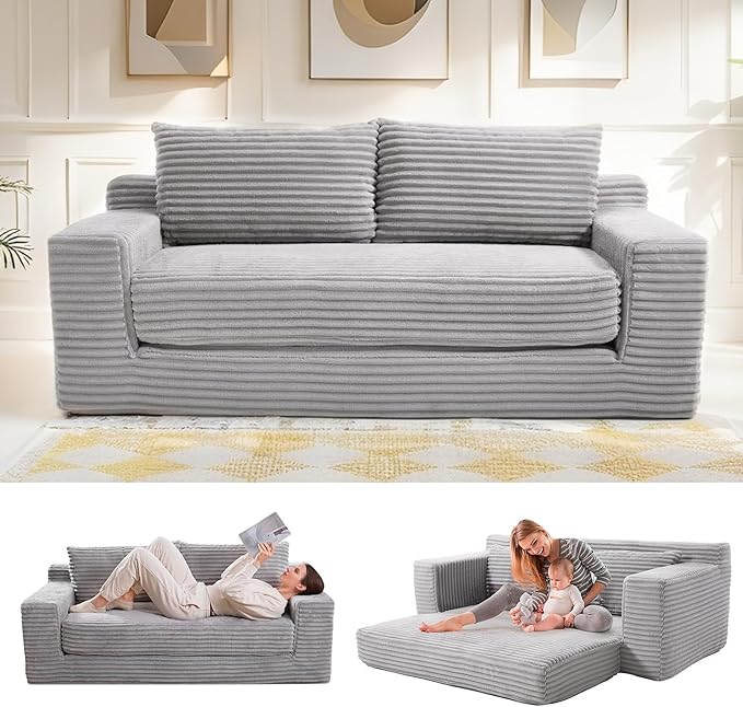 Boneless Couch 2 in 1 Convertible71 Corduroy Cloud Loveseat SofaMemory Foam Couch in a BoxNo Assembly Small Sofa for Living RoomApartments Home OfficeBedroom-Grey