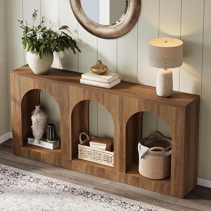 Tribesigns 70.9 Console Table with Storage Wood Entryway Entry Table with 3 Arched Shelves for Foyer Hallway Living Room Behind Couch Sofa Narrow Long Brown