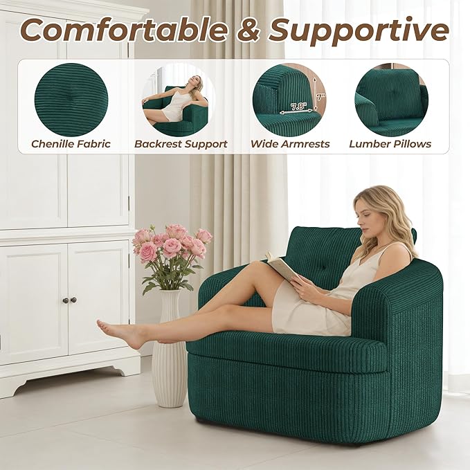 36.6 Swivel Accent Chair 360 Degree Oversized Swivel Barrel Chair for Living Room Modern Corduroy Upholstered Accent Armchair Comfy Boneless Sofa Chair for Bedroom Green