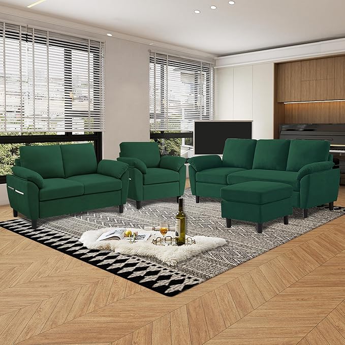 3 Pieces Sectional Sofa Set 79 Modern L Shaped Couch &amp 57 Loveseat &amp 35 Accent Chair Linen Upholstered Sofa Set with Movable Ottoman Couches for Living Room Apartment Green