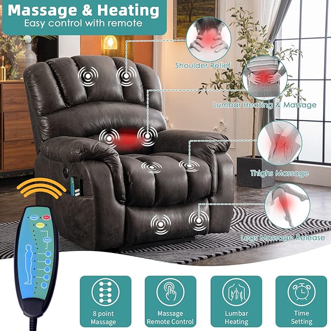 MEETWARM Large Infinite Position Dual Motor Recliner Chair for Big and Tall Elderly Oversized Lay Flat Sleeper Power Lift Recliner with Massage Heat 2 Remote Controls/USB Port/Side Pockets(Gray)