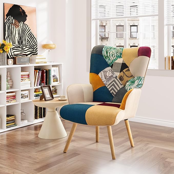 Accent Chair Living Room Chair Modern High Back Armchair Colorful Patchwork Reading Chairs for Bedroom Lounge Chair with Linen Fabric Shell and Solid Wood Feets (1 Colorful)
