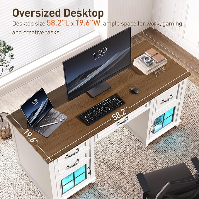 58 Executive Desk Farmhouse Computer Desk with Drawers and File Cabinet LED Light Wooden Home Office Desk with Charging Station Workspace for Study Writing White and Walnut