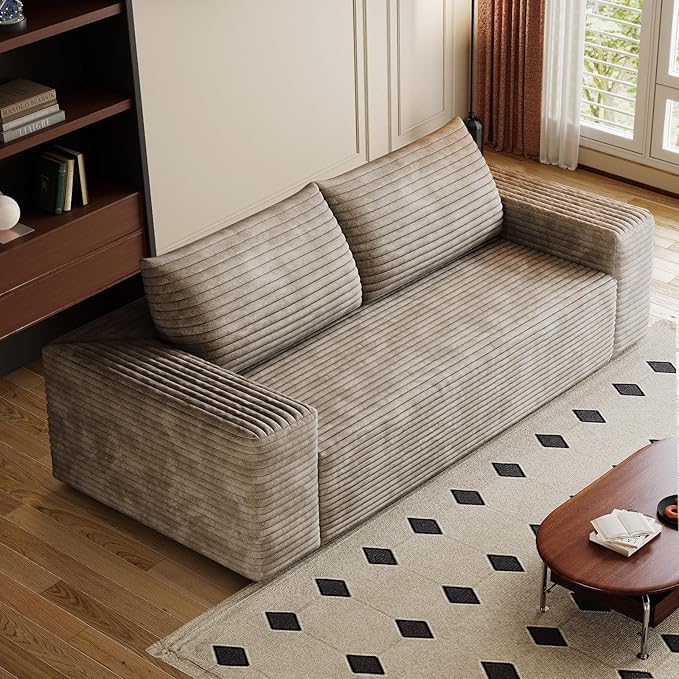 Cloud Loveseat Sofa Corduroy Boneless Couch with High Density Memory Foam Comfy Small Foam Couch in a Box No Assembly Modern Floor Compressed Sofa for Living Room Bedroom Small Space(63WCamel)