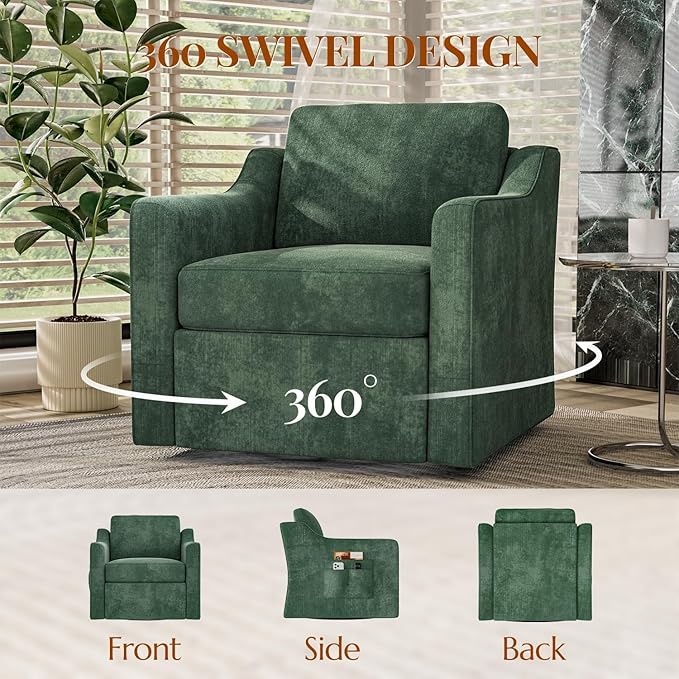 360° Swivel Accent Chair Set of 4 Large Comfy Reading Chairs Accent Square Single-seat Armchair Upholstered Sofa for Reading Nursery Living Room Bedroom Lounge Hotel Green