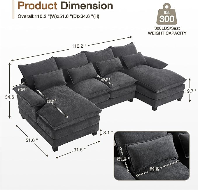 MELLCOM 110.2 U Shaped Cloud Couches Modular Sectional Sofa for Living Room Modern Deep Seat Sofa 4 Seater Chenille Comfy Cloud Couch with Double Chaise &amp Throw Pillows Grey