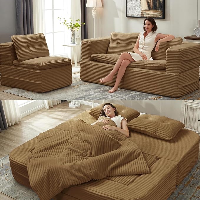 80 Convertible Sectional Sofa Bed with Independent Chaise Lounge and Functional Blanket Multi-Functional Corduroy Boneless Couch Foldable Futon Sleeper Sofa with Deep Seat Brown