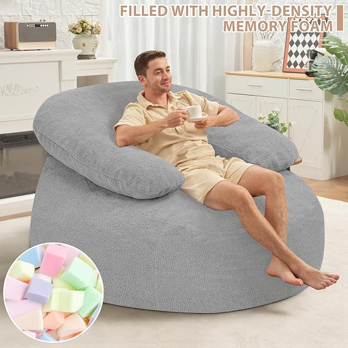 HABUTWAY Giant Bean Bag Chair Oversized Beanbag Chair with Filler Ultra Soft Teddy Fleece Bean Bag Lounge Floor Sofa w/U-Shaped Pillow for Gaming Reading Light Grey &amp Light Grey