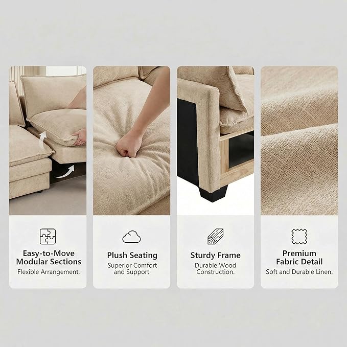 Homy Casa 102 Inch L Shaped Couch Set3-Seat Sectional Sofa with Chaise Comfortable Chenille Fabric Removable Cushions Ottoman DIY CombinationModern Design for Living/Family Room (Coffee)
