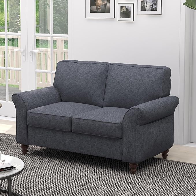 EBELLO Modern Linen Fabric Loveseat Sofa Upholstered 2-seat Sofa Couch Wood Frame and Sturdy Legs for Living Room Bedroom Office Dark Blue