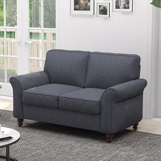 EBELLO Modern Linen Fabric Loveseat Sofa Upholstered 2-seat Sofa Couch Wood Frame and Sturdy Legs for Living Room Bedroom Office Dark Blue