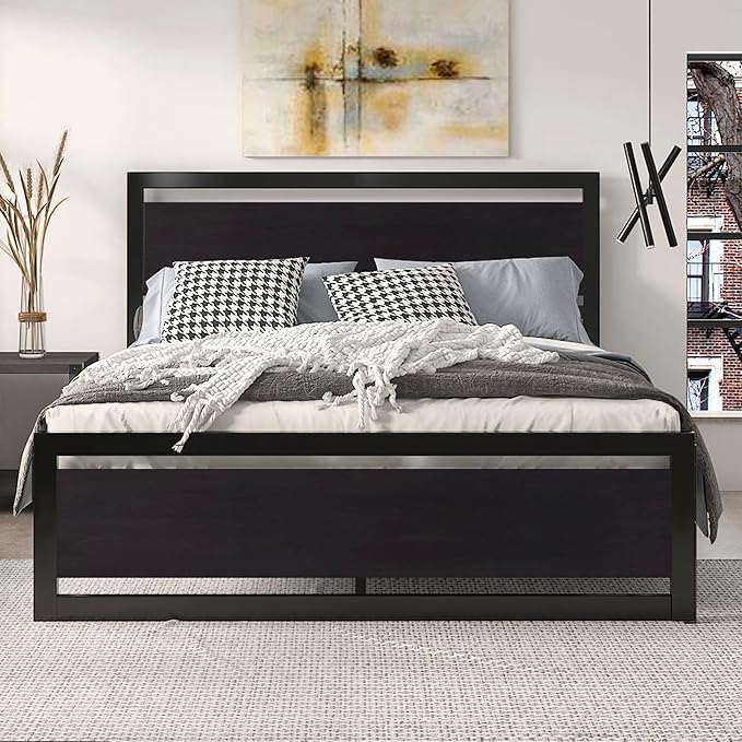 SHA CERLIN Full Size Bed Frame with Modern Headboard Heavy Duty Platform Metal Base with Square Footboard and 13 Strong Slats Support No Box Spring Needed Black