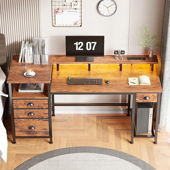 Furologee 60 Computer Desk with File Cabinet and Storage Shelves Reversible Home Office Desk with LED Lights Full Monitor Stand Power Outlets Study Gaming Table with 4 Drawers Rustic Brown