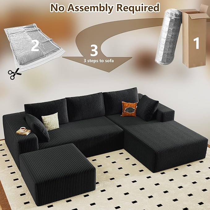 96 U-Shape Cloud Couch Modern Modular Sectional L-Shape Sofa with Ottoman Corduroy Upholstered Couches Deep Seat Sleeper Chaise Longue for Living Room No Assembly Required(Black Right Facing)