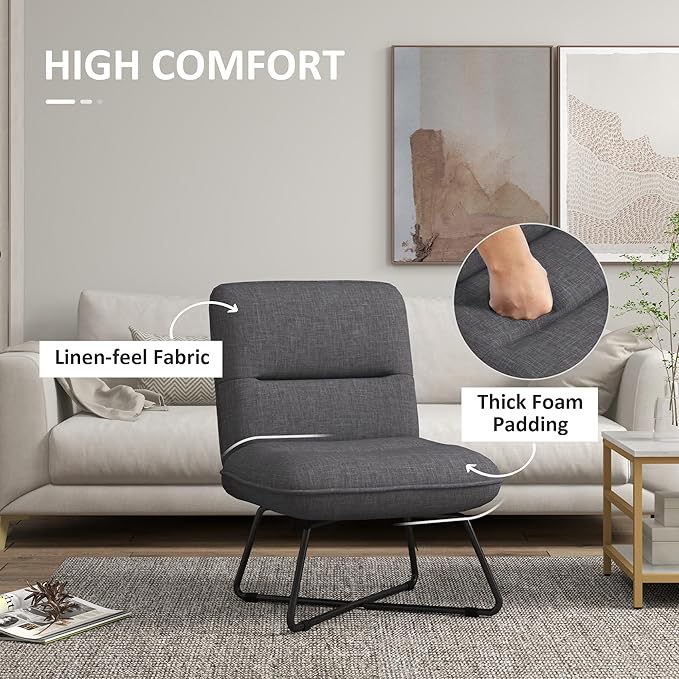 Armless Accent Chair Upholstered Slipper Chair for Living Room with Crossed Steel Legs Dark Gray