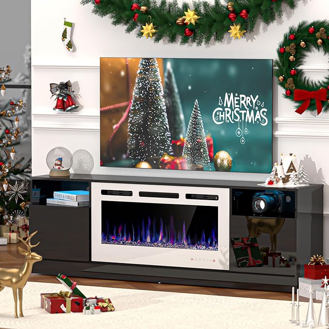 AHB Fireplace TV Stand LED Light Entertainment Center with 36 Electric Fireplace and Storage Cabinet Media Console Table for TVs Up to 80 Inches Ideal for Living Room 70 Inches (Black &amp White)