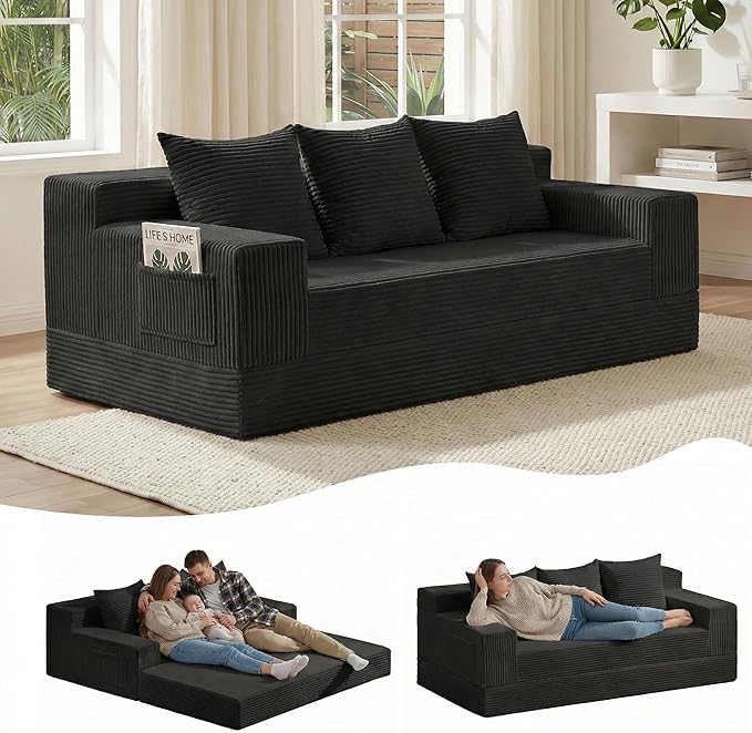 Boneless Couch 78 Inch 2 in 1 Convertible Sofa Bed Corduroy 3 Seater Fold Out Couch Oversize Boneless Loveseat Sleeper Sofa with 3 Pillows for Living Room Bedroom &amp Apartment