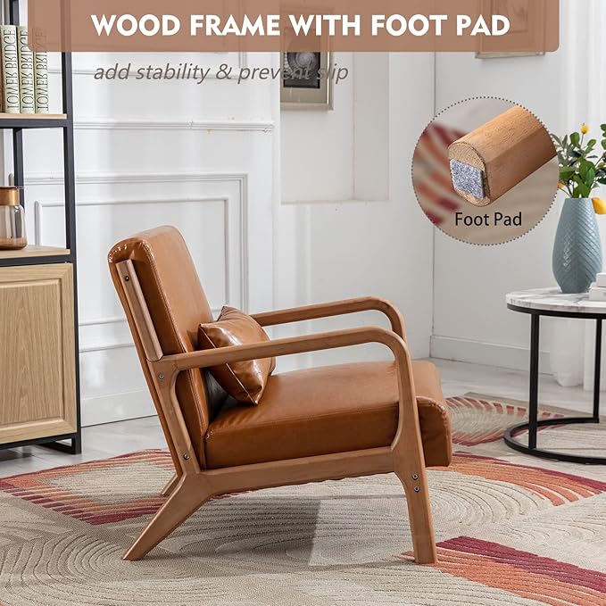 ANJ Mid Century Modern Accent Chair PU Leather Reading Chair with Solid Wood Frame Easy Assembly Armchair for Living Room